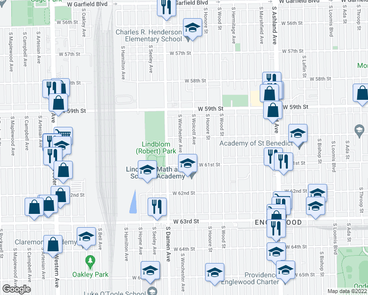 map of restaurants, bars, coffee shops, grocery stores, and more near 6021 South Winchester Avenue in Chicago