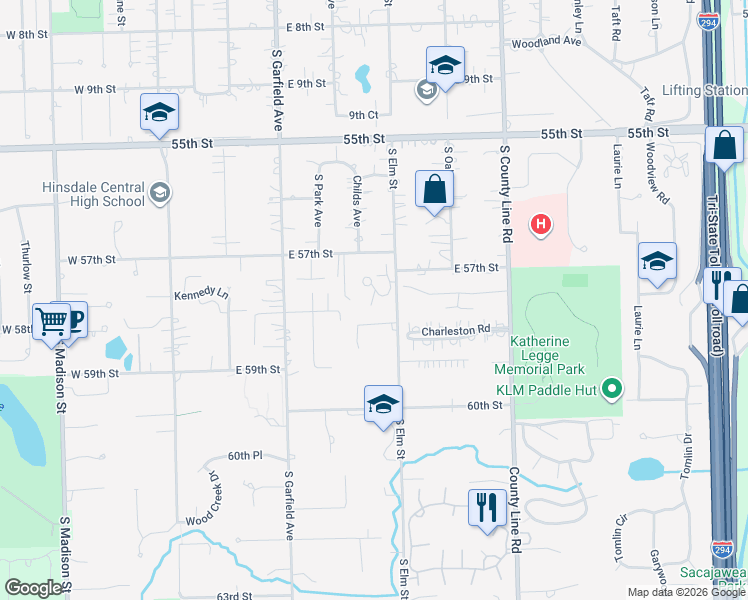 map of restaurants, bars, coffee shops, grocery stores, and more near 340 Claymoor in Hinsdale