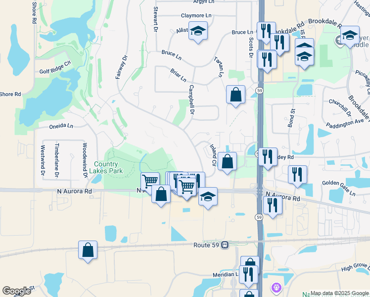 map of restaurants, bars, coffee shops, grocery stores, and more near Allegre Circle in Naperville