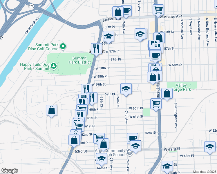 map of restaurants, bars, coffee shops, grocery stores, and more near 7425 West 59th Street in Summit
