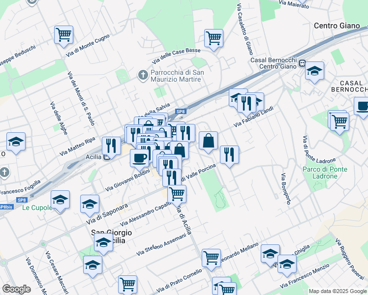 map of restaurants, bars, coffee shops, grocery stores, and more near 55 Via Antonio da Gaeta in Città metropolitana di Roma Capitale