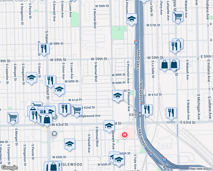 map of restaurants, bars, coffee shops, grocery stores, and more near 421 W 60th Pl in Chicago