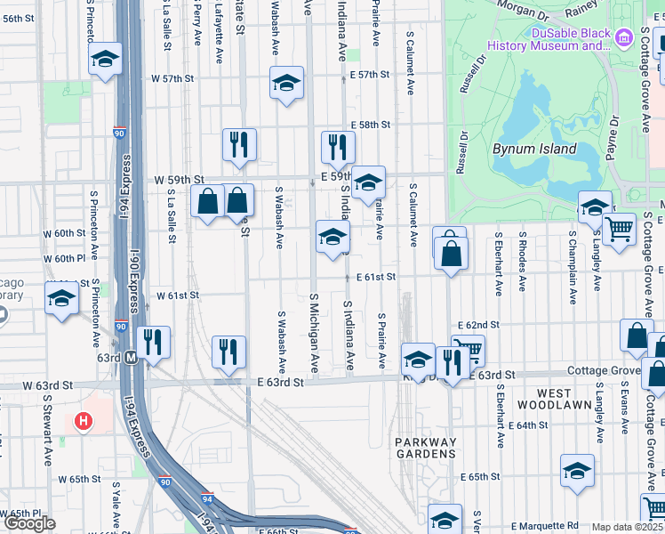 map of restaurants, bars, coffee shops, grocery stores, and more near 110 East 61st Street in Chicago