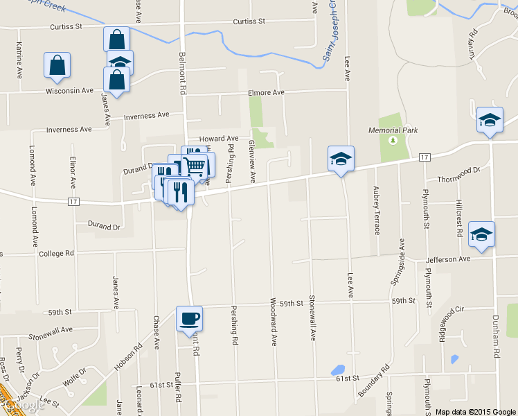 map of restaurants, bars, coffee shops, grocery stores, and more near 5604 Woodward Avenue in Downers Grove