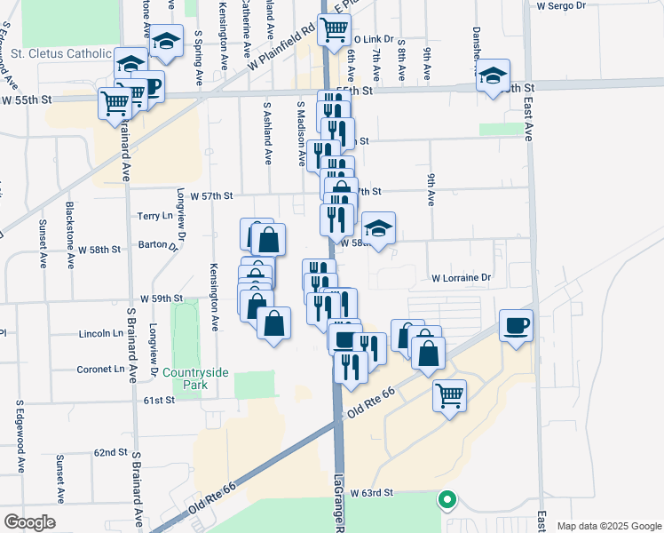 map of restaurants, bars, coffee shops, grocery stores, and more near 5810 South La Grange Road in Countryside