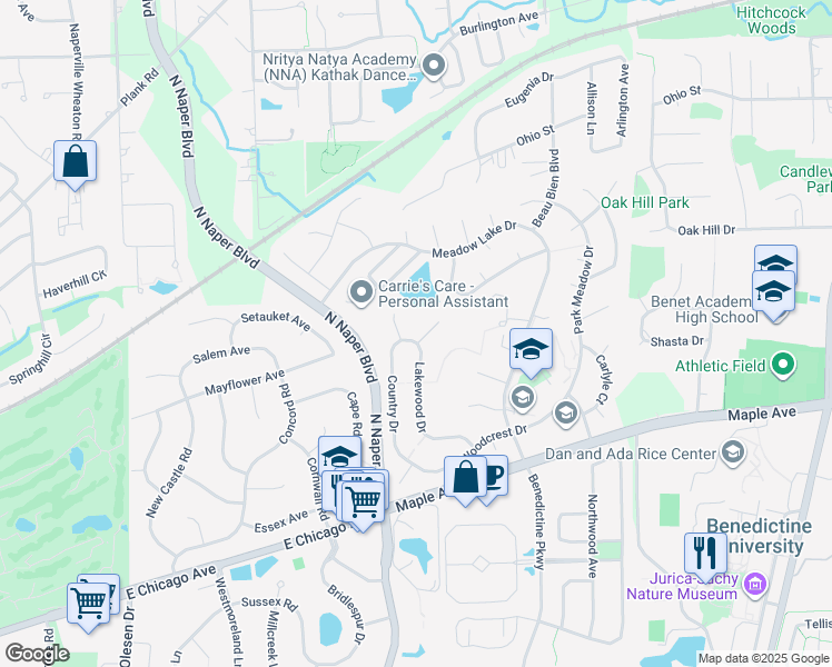 map of restaurants, bars, coffee shops, grocery stores, and more near 24W730 Blackstone Court in Naperville