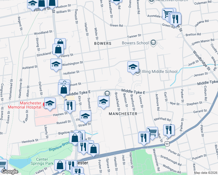 map of restaurants, bars, coffee shops, grocery stores, and more near 141 Middle Turnpike East in Manchester