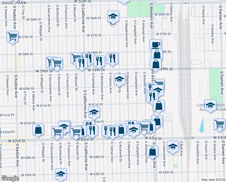 map of restaurants, bars, coffee shops, grocery stores, and more near 6011 South Talman Avenue in Chicago