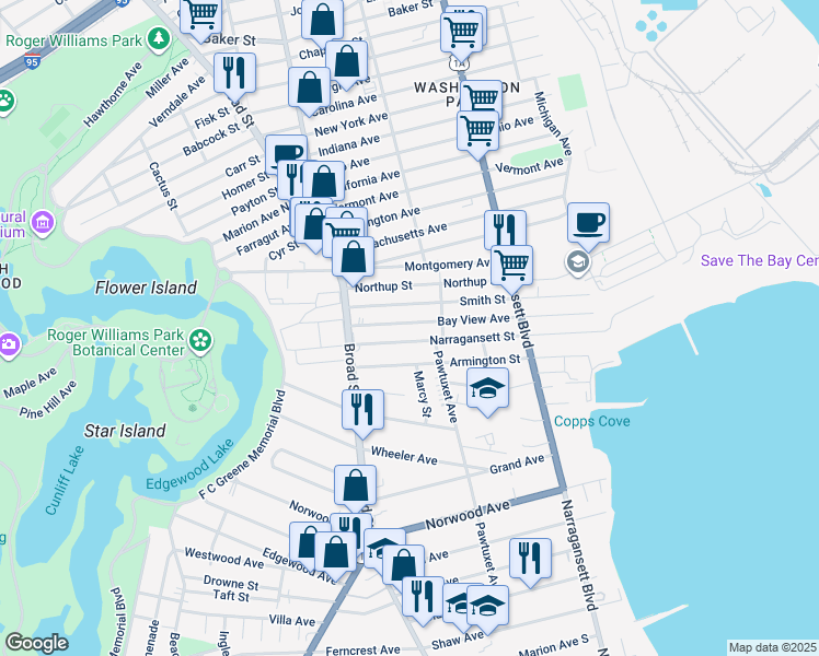 map of restaurants, bars, coffee shops, grocery stores, and more near 259 Narragansett Street in Cranston