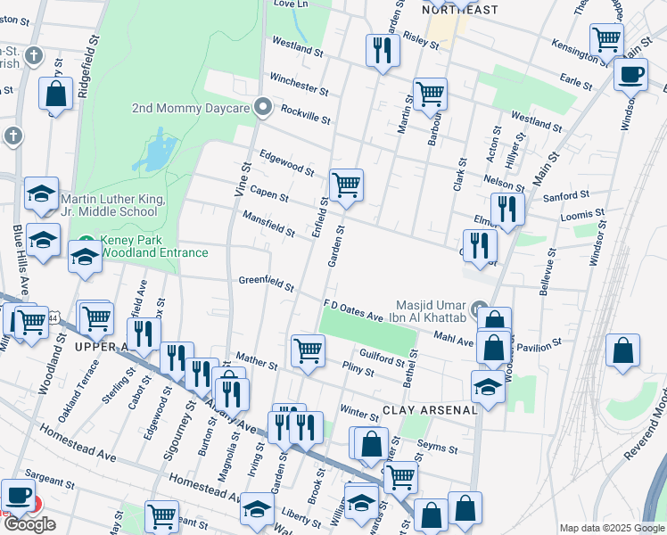 map of restaurants, bars, coffee shops, grocery stores, and more near 515 Garden Street in Hartford