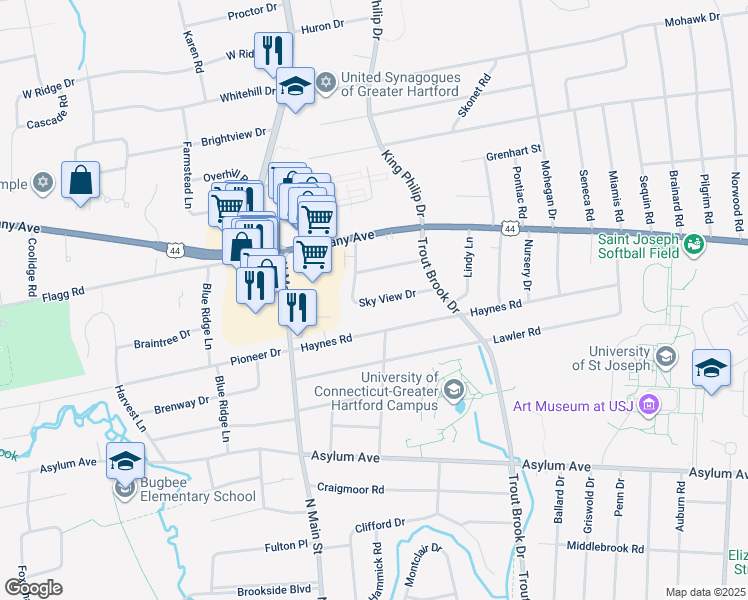map of restaurants, bars, coffee shops, grocery stores, and more near 25 Sky View Drive in West Hartford