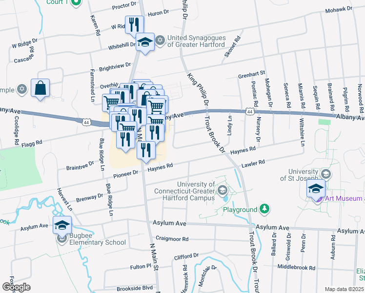 map of restaurants, bars, coffee shops, grocery stores, and more near 25 Sky View Drive in West Hartford