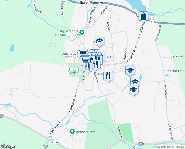 map of restaurants, bars, coffee shops, grocery stores, and more near 6 Reservoir Drive in Millbrook
