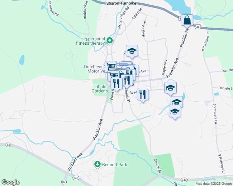 map of restaurants, bars, coffee shops, grocery stores, and more near 117 Washington Avenue in Millbrook
