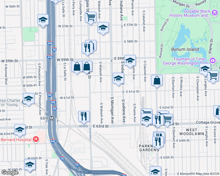 map of restaurants, bars, coffee shops, grocery stores, and more near 6054 South Michigan Avenue in Chicago