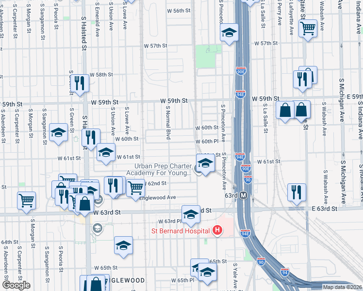 map of restaurants, bars, coffee shops, grocery stores, and more near 421 West 60th Place in Chicago