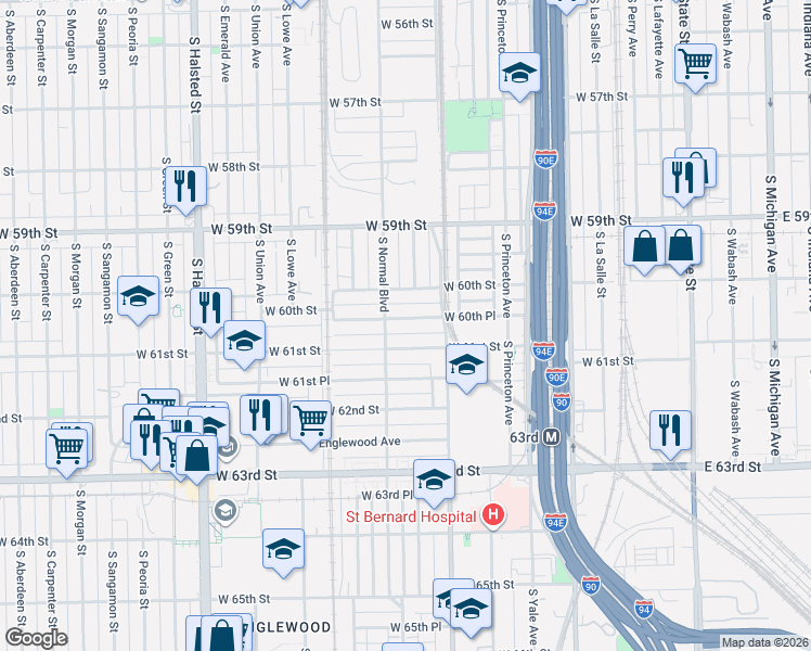 map of restaurants, bars, coffee shops, grocery stores, and more near 6039 South Normal Boulevard in Chicago