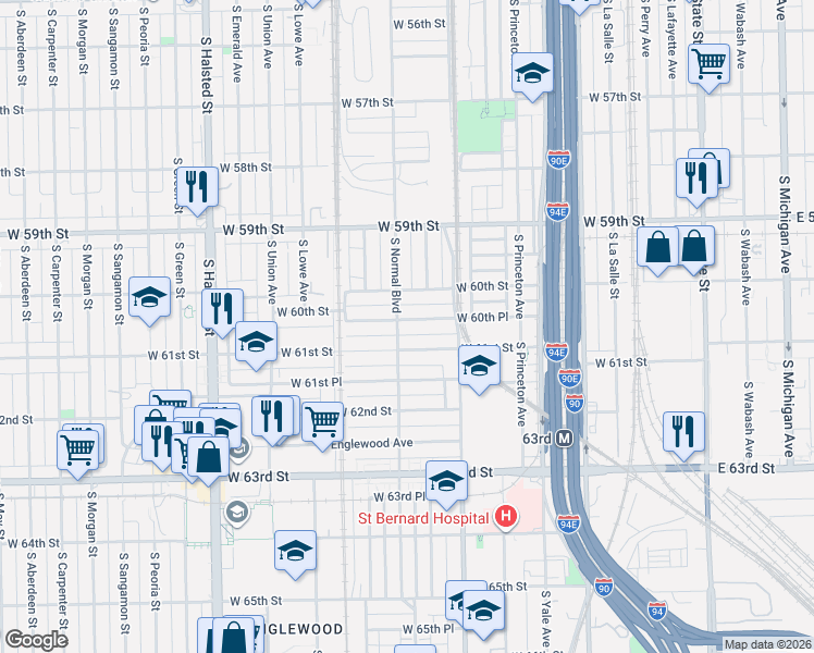 map of restaurants, bars, coffee shops, grocery stores, and more near 6039 South Normal Boulevard in Chicago