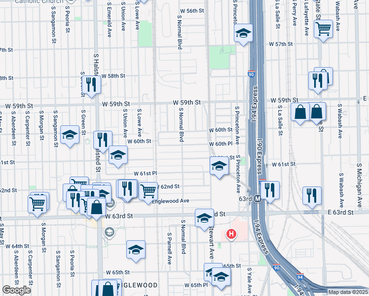 map of restaurants, bars, coffee shops, grocery stores, and more near 6039 South Normal Boulevard in Chicago