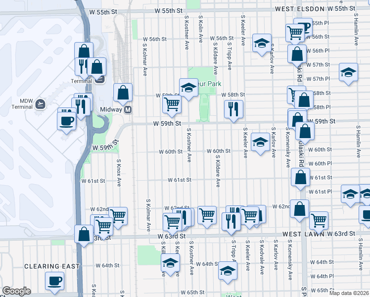 map of restaurants, bars, coffee shops, grocery stores, and more near 6001 South Kenneth Avenue in Chicago