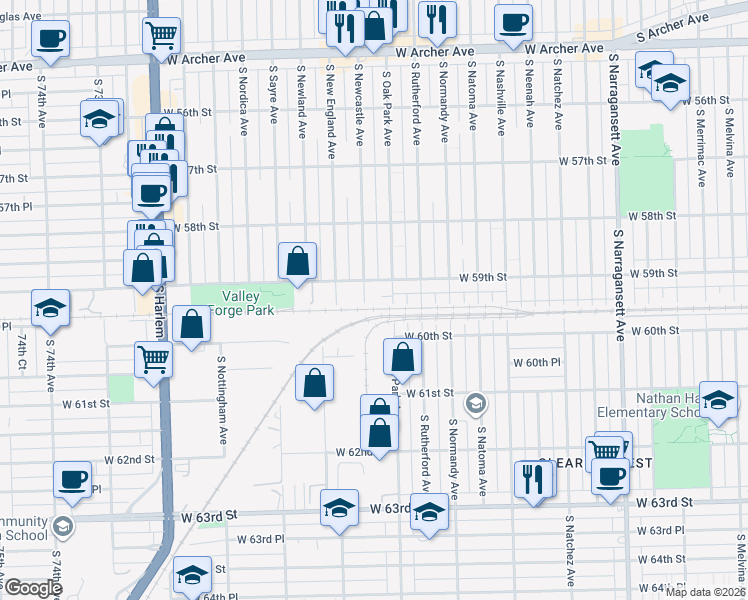 map of restaurants, bars, coffee shops, grocery stores, and more near 5925 South Newcastle Avenue in Chicago