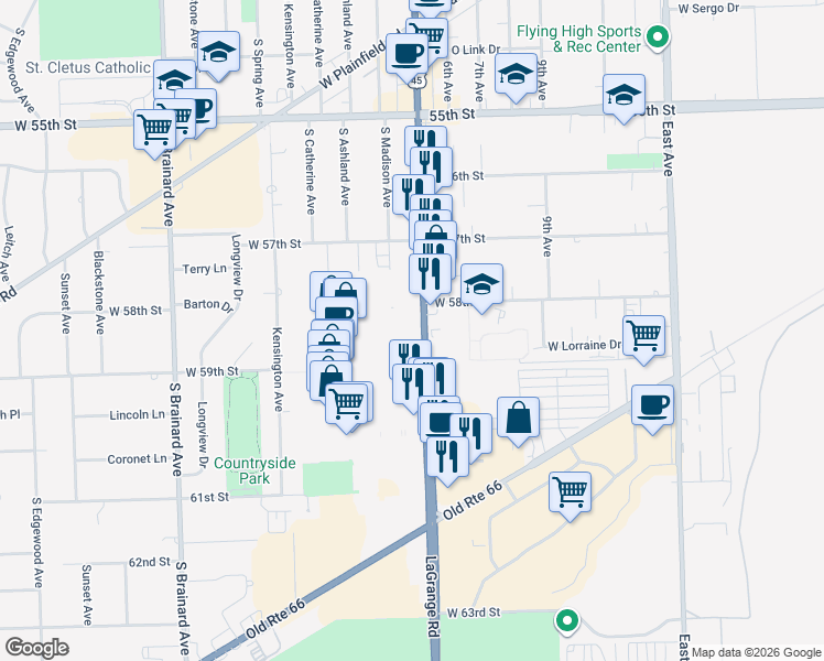 map of restaurants, bars, coffee shops, grocery stores, and more near in La Grange