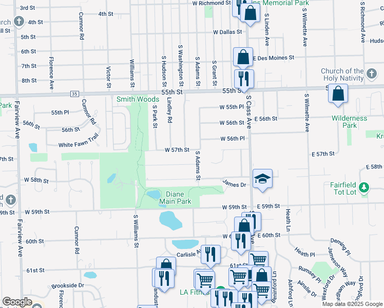 map of restaurants, bars, coffee shops, grocery stores, and more near 610 South Adams Street in Westmont