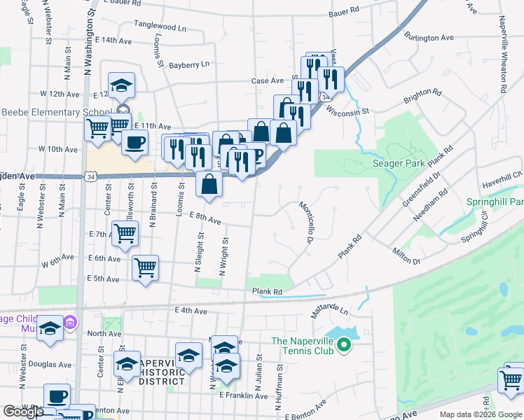 map of restaurants, bars, coffee shops, grocery stores, and more near 640 Windham Lane in Naperville