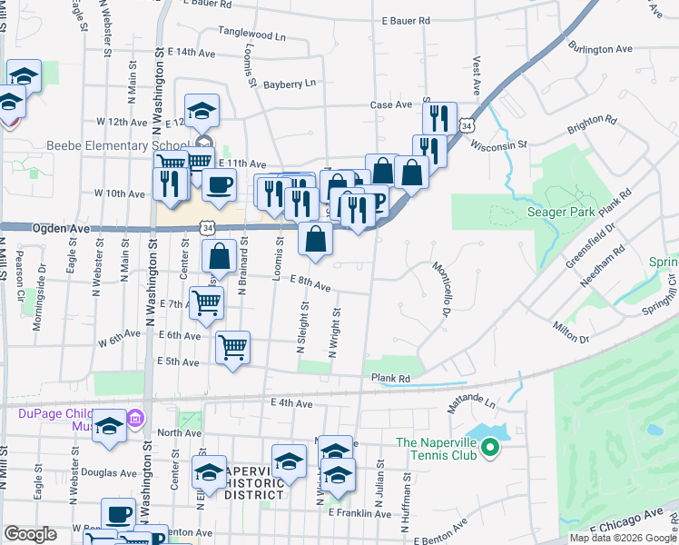 map of restaurants, bars, coffee shops, grocery stores, and more near 596 Windham Lane in Naperville