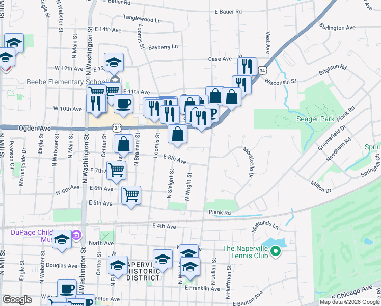 map of restaurants, bars, coffee shops, grocery stores, and more near 596 Windham Lane in Naperville