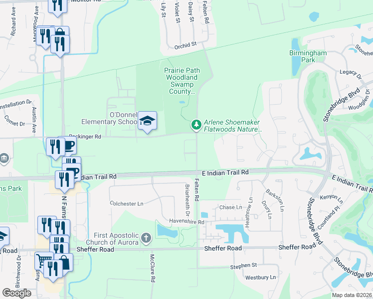 map of restaurants, bars, coffee shops, grocery stores, and more near 1270 Everwood Lane in Aurora