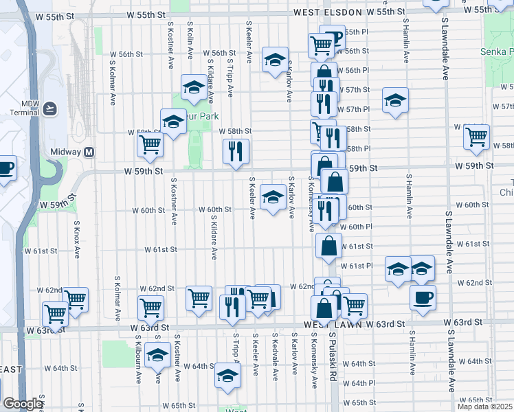 map of restaurants, bars, coffee shops, grocery stores, and more near 5959 South Keeler Avenue in Chicago