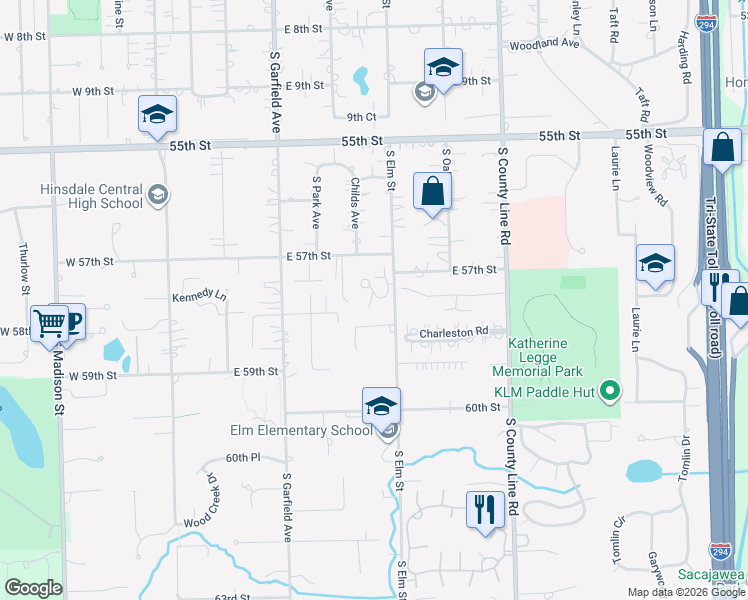 map of restaurants, bars, coffee shops, grocery stores, and more near 340 Claymoor in Hinsdale