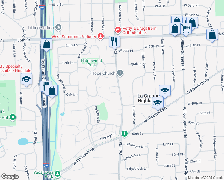 map of restaurants, bars, coffee shops, grocery stores, and more near 5810B Wolf Road in Western Springs