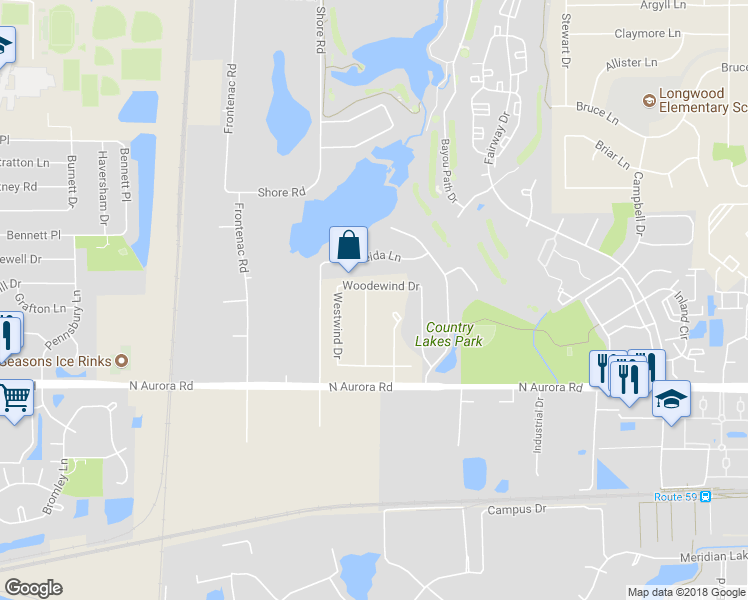 map of restaurants, bars, coffee shops, grocery stores, and more near 5S755 Timberlane Drive in Naperville