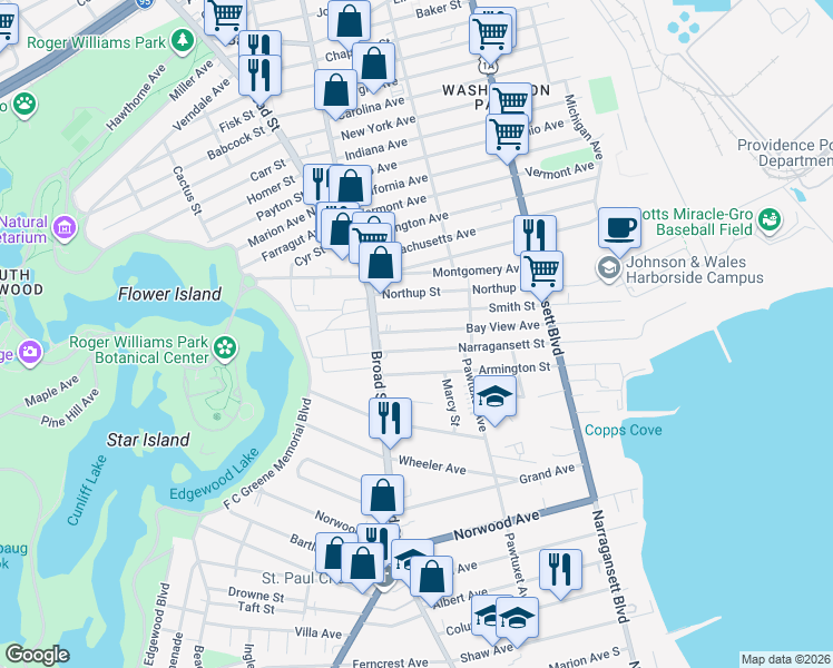 map of restaurants, bars, coffee shops, grocery stores, and more near 332 Bay View Avenue in Cranston