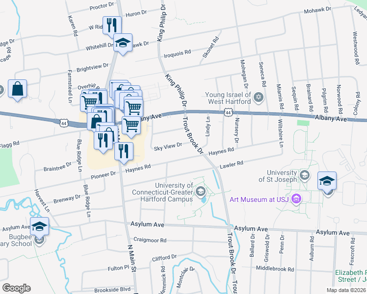 map of restaurants, bars, coffee shops, grocery stores, and more near 11 Sky View Drive in West Hartford