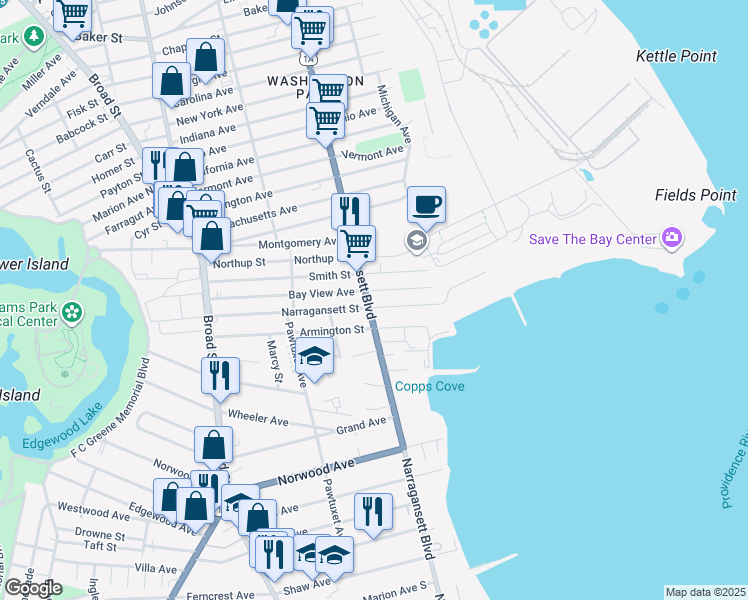 map of restaurants, bars, coffee shops, grocery stores, and more near 1060 Narragansett Boulevard in Cranston