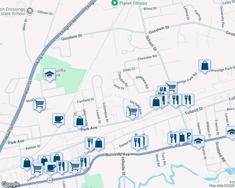 map of restaurants, bars, coffee shops, grocery stores, and more near 112 Michael Avenue in East Hartford