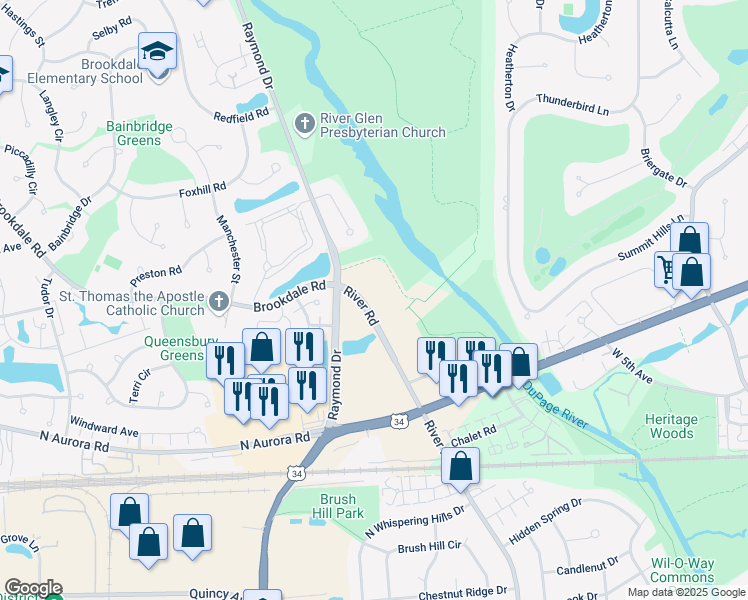 map of restaurants, bars, coffee shops, grocery stores, and more near 5S781 River Road in Naperville
