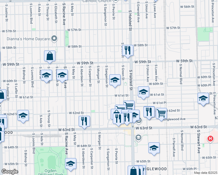 map of restaurants, bars, coffee shops, grocery stores, and more near 6031 South Sangamon Street in Chicago