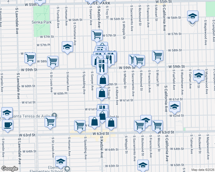 map of restaurants, bars, coffee shops, grocery stores, and more near 3141 West 60th Street in Chicago