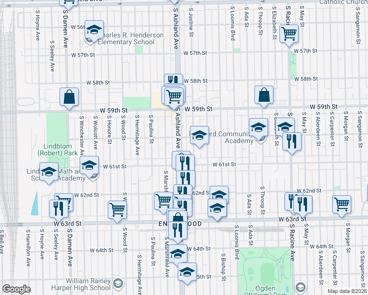 map of restaurants, bars, coffee shops, grocery stores, and more near 6032 South Ashland Avenue in Chicago