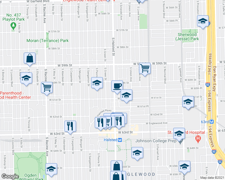 map of restaurants, bars, coffee shops, grocery stores, and more near 6032 South Halsted Street in Chicago