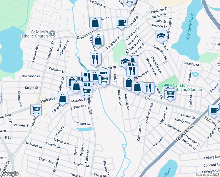 map of restaurants, bars, coffee shops, grocery stores, and more near 1278 Park Avenue in Cranston