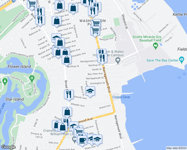 map of restaurants, bars, coffee shops, grocery stores, and more near 217R Narragansett Street in Cranston