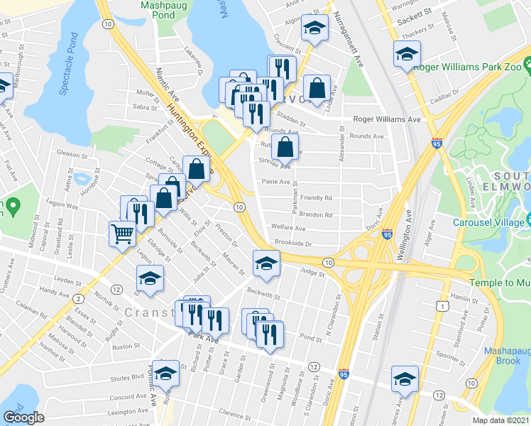 map of restaurants, bars, coffee shops, grocery stores, and more near 5 Brandon Road in Cranston