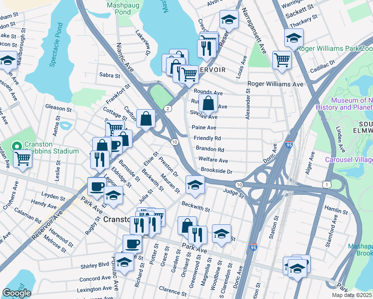 map of restaurants, bars, coffee shops, grocery stores, and more near 145 Pontiac Avenue in Cranston