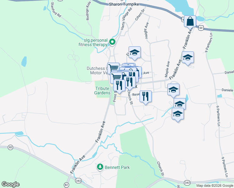 map of restaurants, bars, coffee shops, grocery stores, and more near 117 Washington Avenue in Millbrook