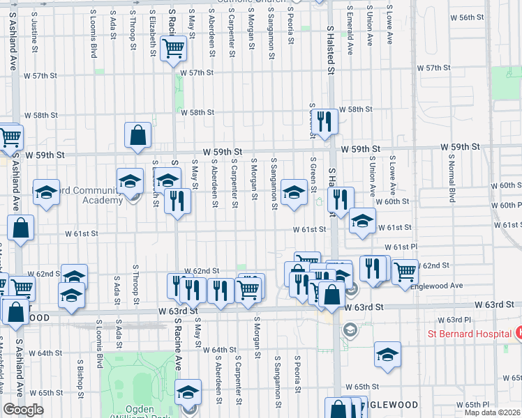 map of restaurants, bars, coffee shops, grocery stores, and more near 6037 South Morgan Street in Chicago